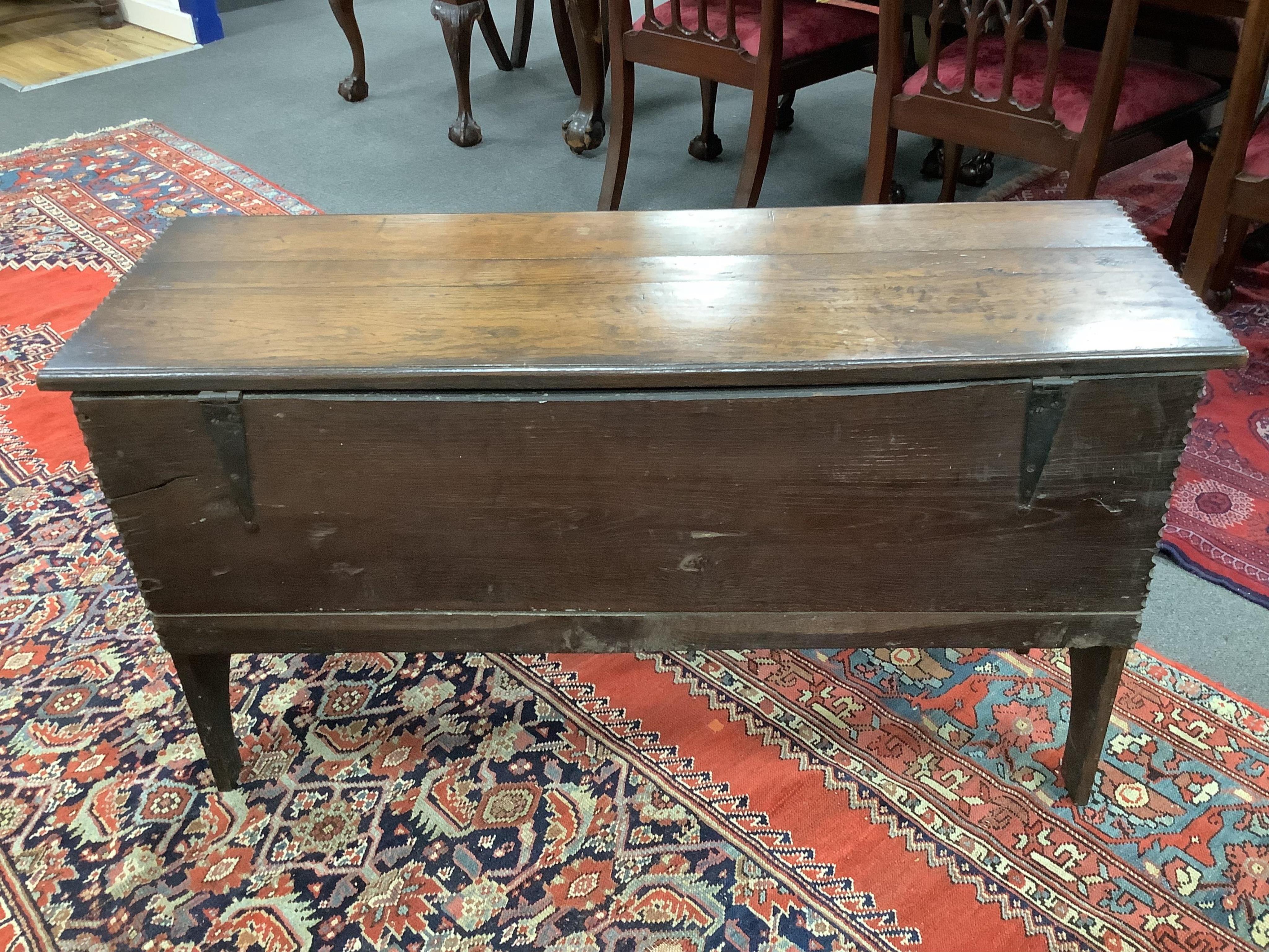 An 18th century oak six plank coffer, width 109cm, depth 37cm, height 61cm. Condition - fair